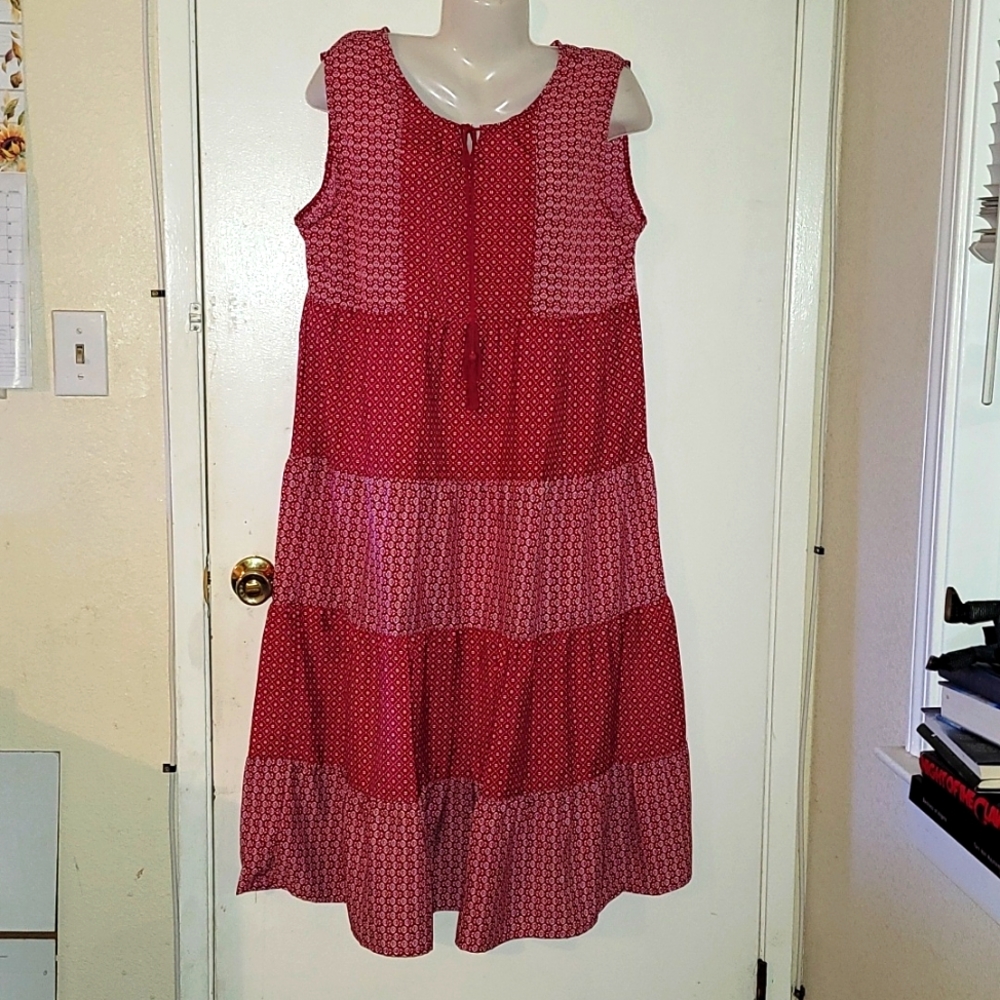 Red peasant dress maxi midi floral all over print sleeveless vintage B11